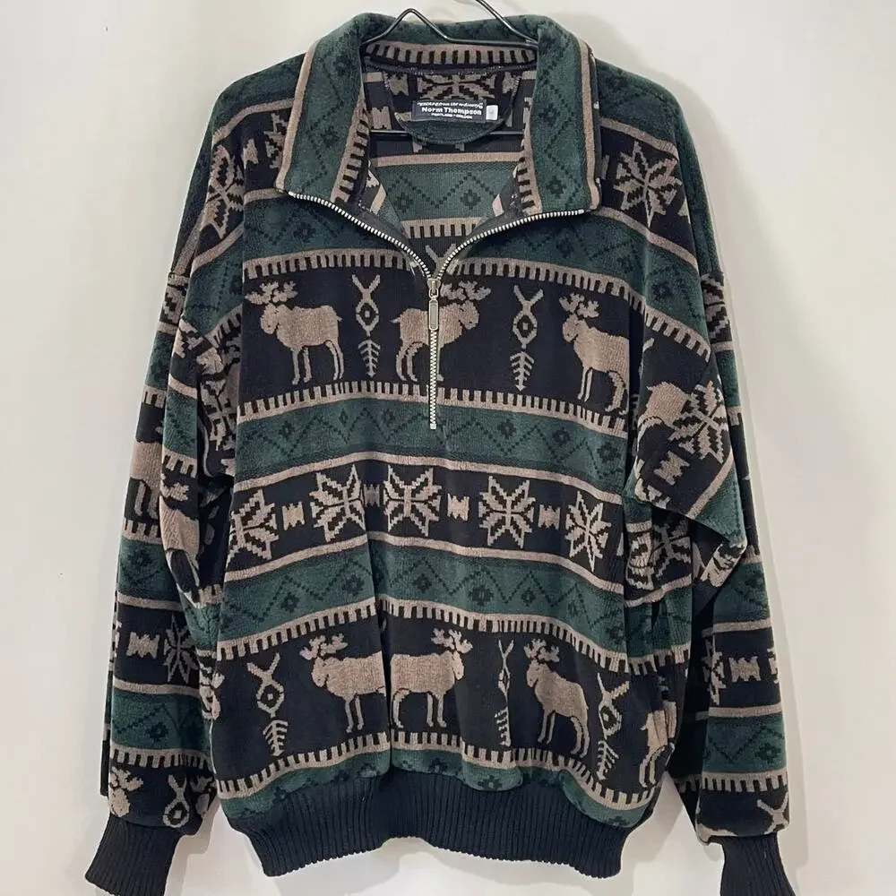 Norm Thompson Velour Pullover Moose Fair Isle 1/2 Zip Sweatshirt Shacket Large - Picture 2 of 12